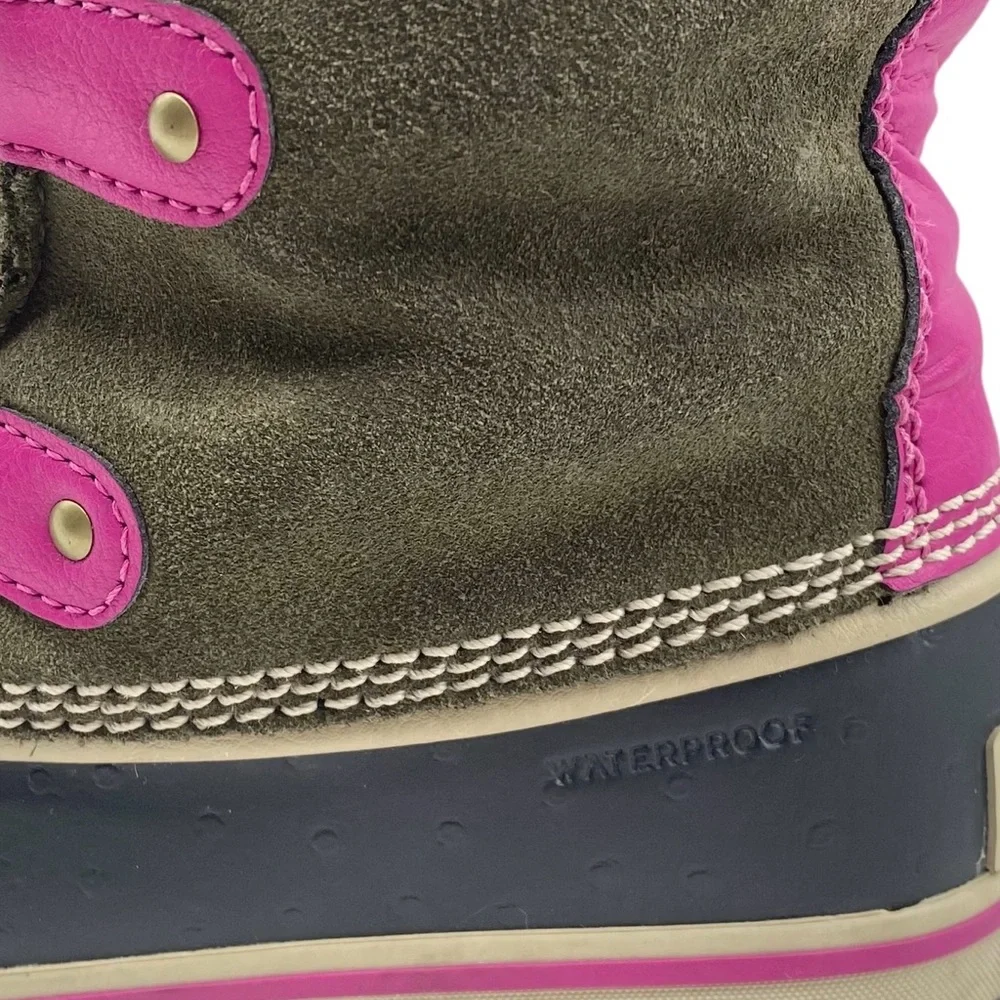 Sorel Girls Winter Boots Size 6 Green Pink Leather Waterproof Faux Fur Tall - Picture 5 of 14